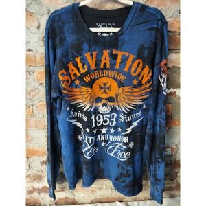 Archaic Mens Long Sleeve Thermal Shirt L Blue Graphic Skull Wings Salvation